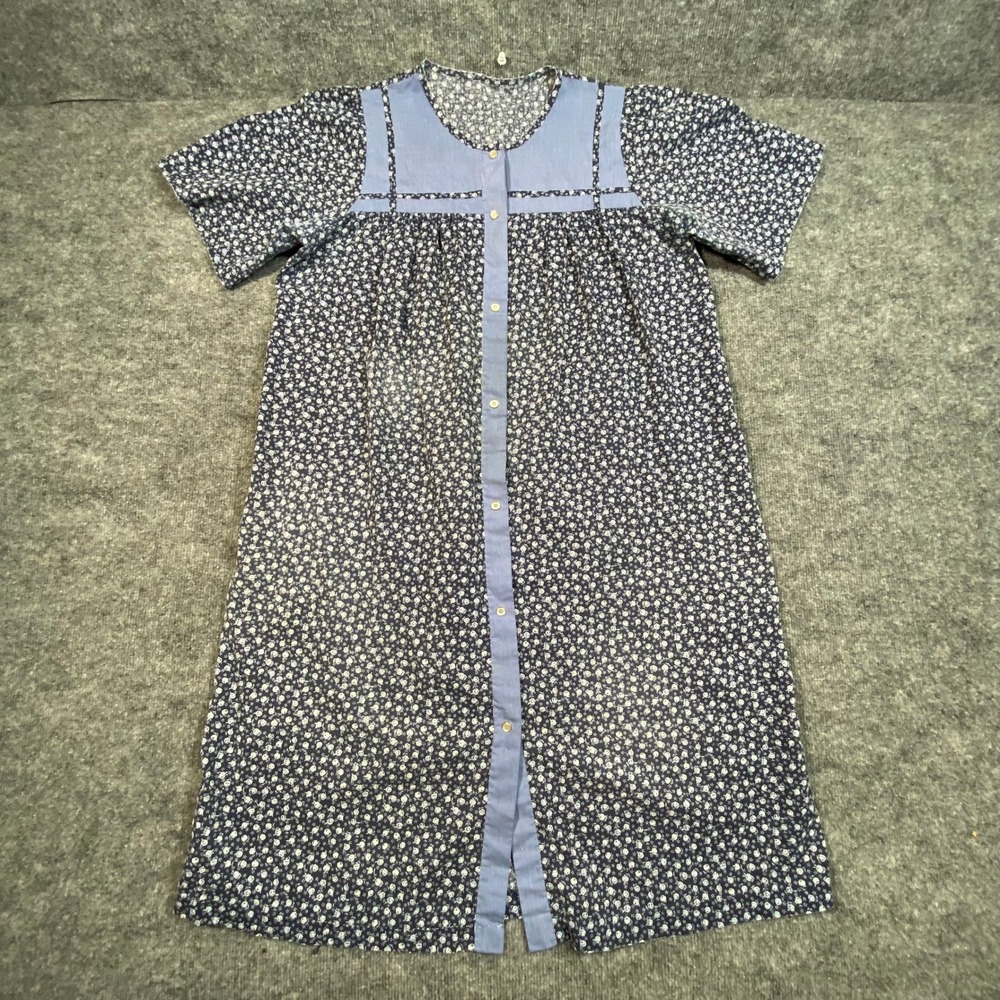 Vintage Style Floral House Dress Navy Blue Snap Front Duster Short Sleeve L